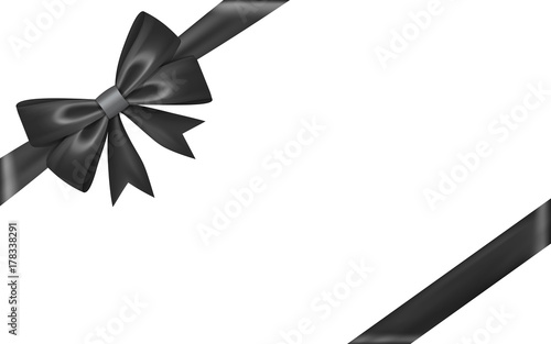Gift bow ribbon silk. Black bow tie isolated white background. 3D gift bow tie for Christmas present, holiday decoration, birthday celebration. Decorative satin ribbon element Vector illustration