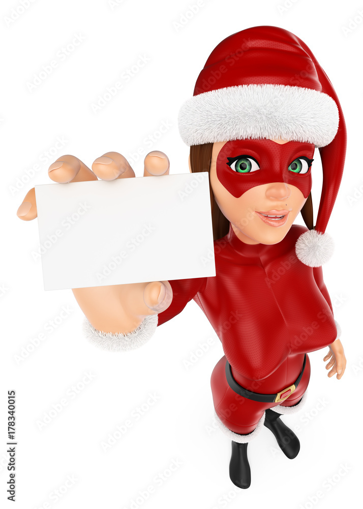 3D Woman christmas superhero showing a blank card 3D Woman christmas superhero showing a blank card