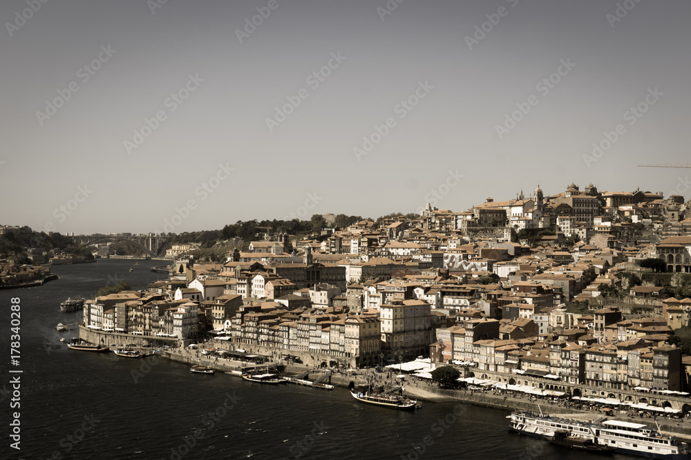 Top view of Douro river and old Porto downtown, Portugal.
