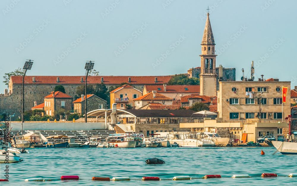 View of the old town from the side of Budva, Montenegro. Budva - one of the best preserved medieval cities in the Mediterranean and most popular resorts.