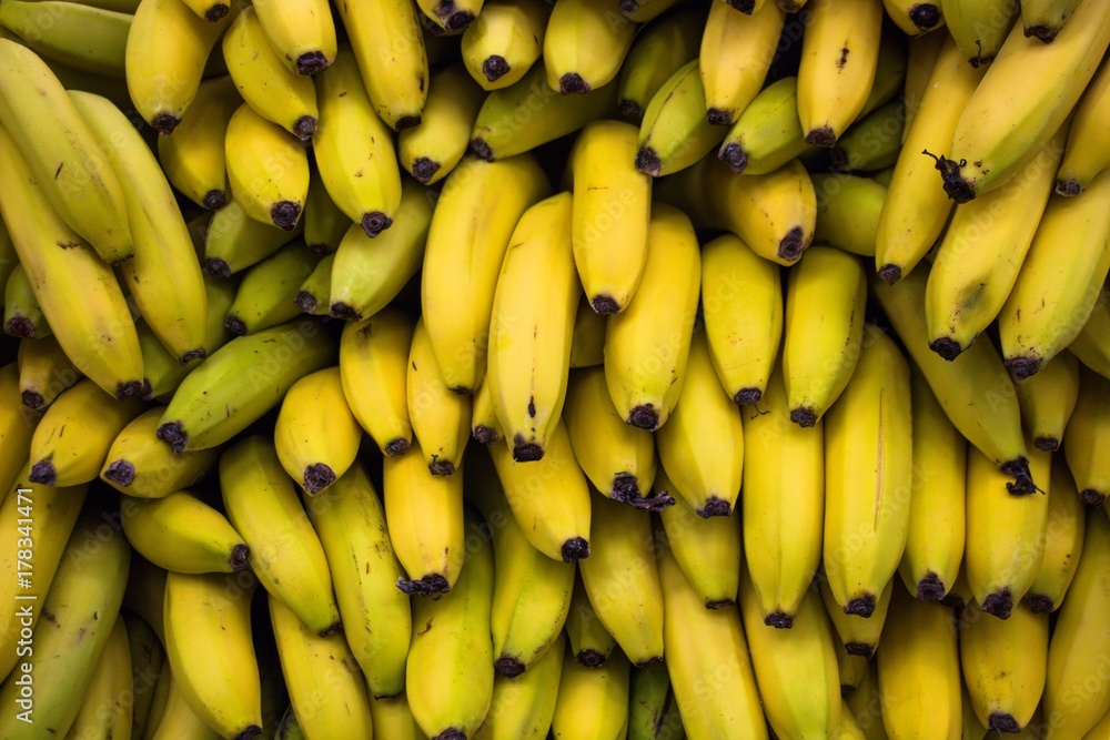 A lot of tasty, yellow and ripe bananas are stacked on top of each other and ready for sale or further action.