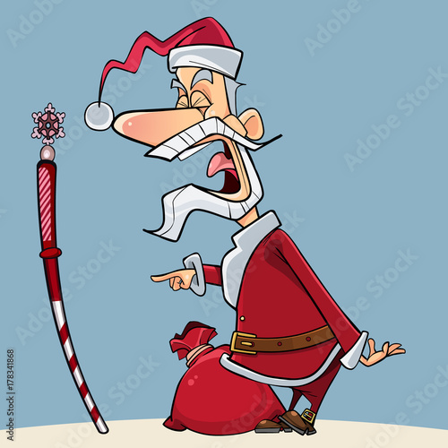 cartoon enraged Santa Claus with bag of gifts shouting and pointing finger on a stick