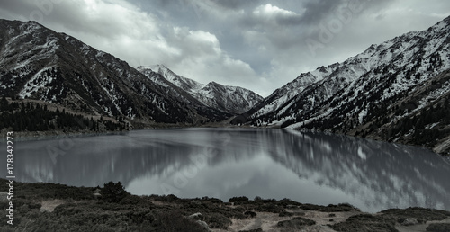 panorama of the glacial lake, Big Almaty Lake, Kazakhstan, Almaty