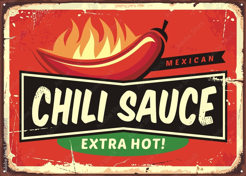 Chili sauce vintage tin sign with chili pepper and hot flame - obrazy, fototapety, plakaty 