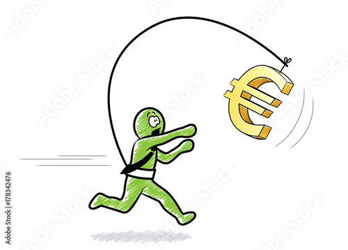 Ein Mann mit Krawatte rennt dem Geld hinterher | 3D-Eurozeichen | Zeichnung, grün, schraffiert, Vektor, freigestellt