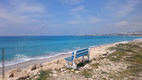 Bench on the shore of the Mediterranean Sea  Cyprus  