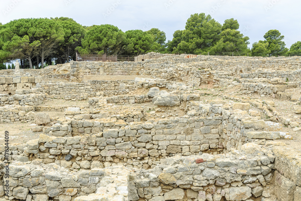 sight of the Greek and Roman ruins of the archaeological place of Ampurias, on the brava coast in Spain.
