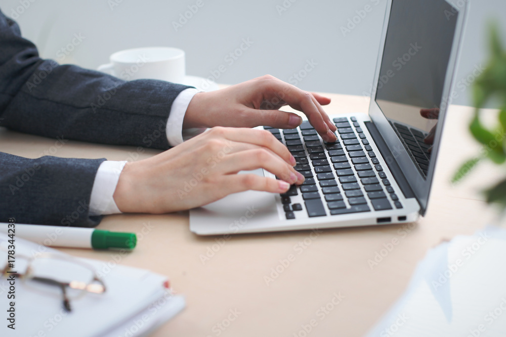 Close-up of business woman  hands  typing on  laptop computer in the white colored office.