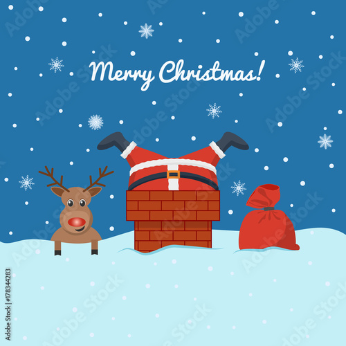 Santa Claus stuck in the chimney on the roof. 