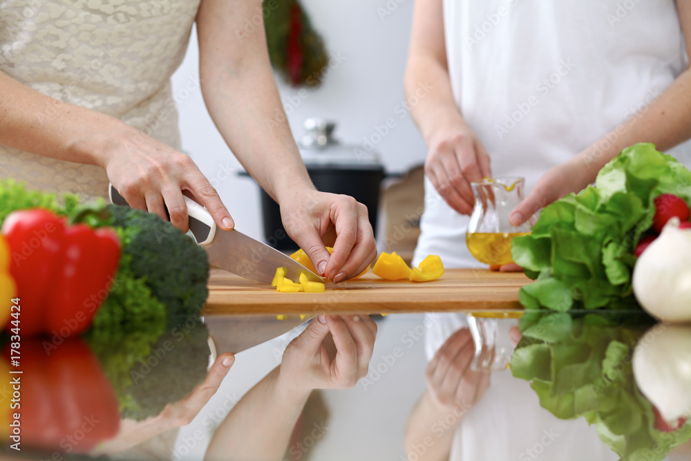 Close-up of human hands cooking in a kitchen. Friends having fun while preparing fresh salad. Vegetarian, healthy meal and friendship concept Close-up of human hands cooking in a kitchen. Friends having fun while preparing fresh salad. Vegetarian, healthy meal and friendship concept