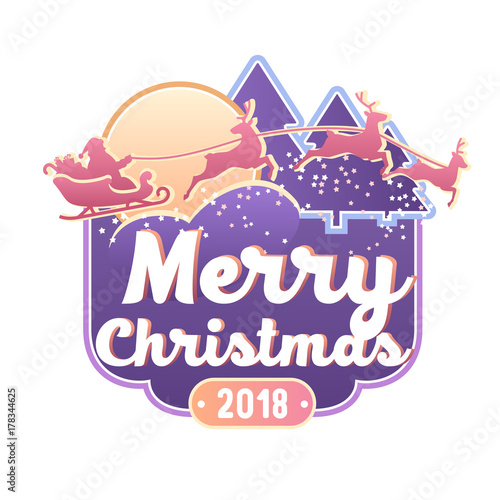 Merry Christmas holiday Sticker with Santa Claus sleigh and reindeer team. Vector illustration.