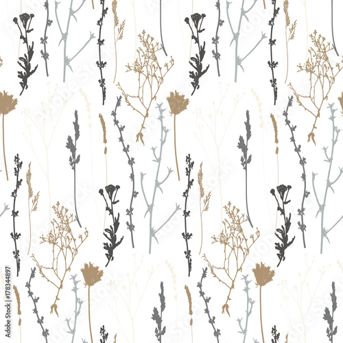 Meadow grasses, herbs and flowers outlines vector seamless pattern.