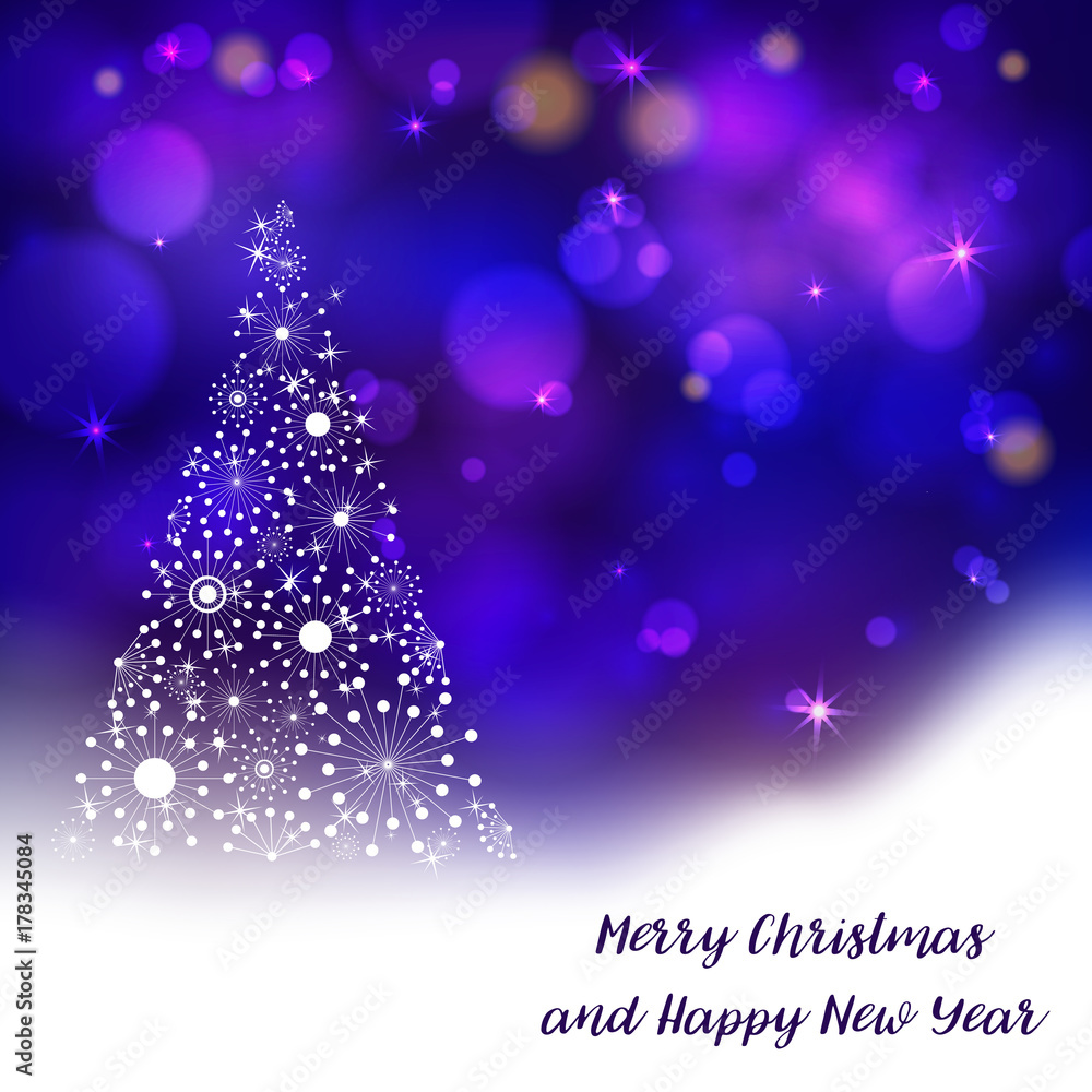 Vector stylized Christmas tree on decorative bokeh background. Merry Christmas lettering text for internet sites, gift cards, flyers and presentations. New year vector illustration Vector stylized Christmas tree on decorative bokeh background. Merry Christmas lettering text for internet sites, gift cards, flyers and presentations. New year vector illustration