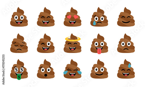 Cute funny poop set. Emotional shit icons. Happy emoji, emoticons photo