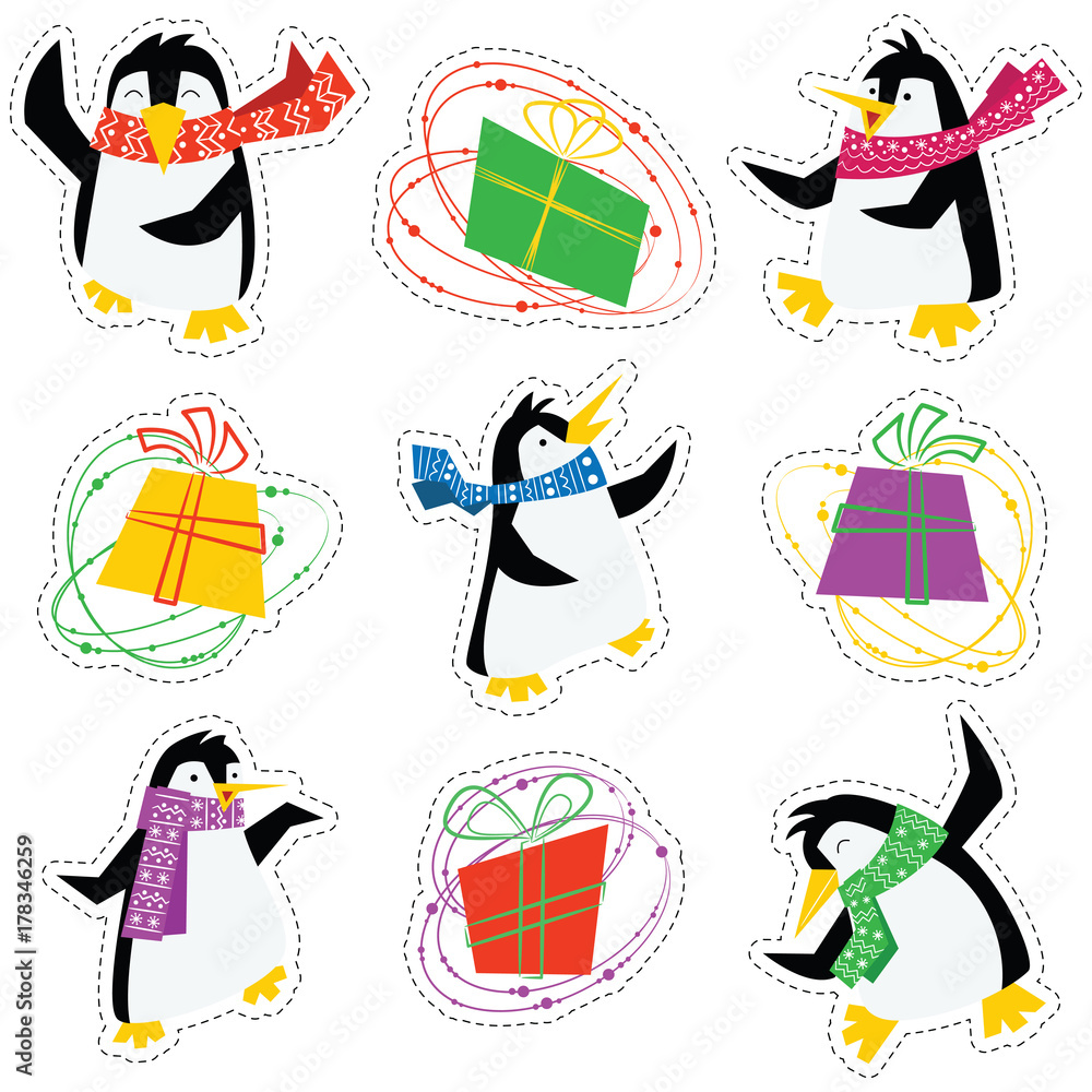Obraz premium Dancing xmas penguins in a bright scarves and colorful gift boxes stickers set.