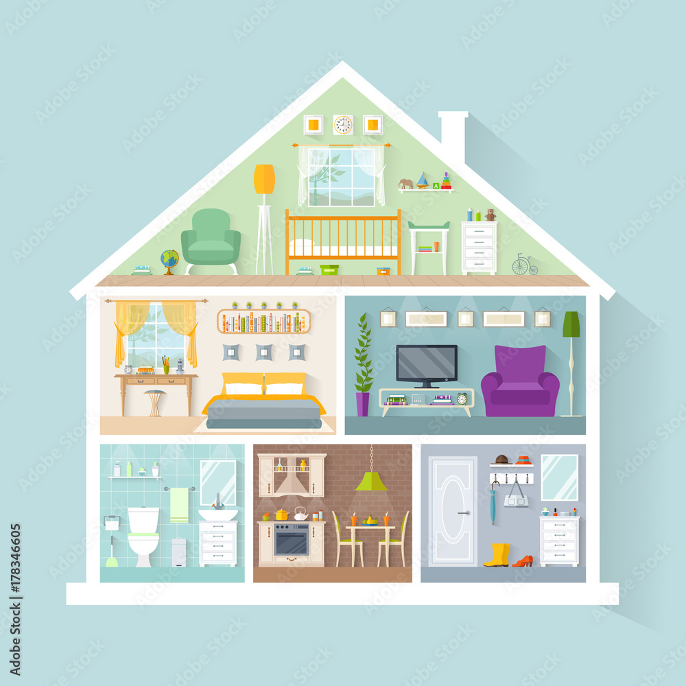 Vector house model with rooms for different purposes. Side view. Interior design. Illustration in a flat style. Vector house model with rooms for different purposes. Side view. Interior design. Illustration in a flat style.
