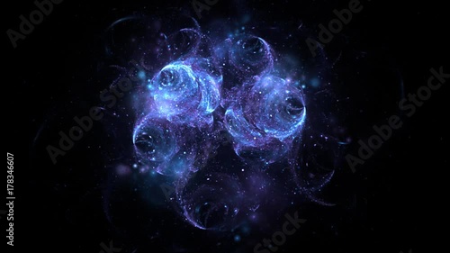 Abstract blue spiral galaxy rotating on black background. Fantastic space animation.