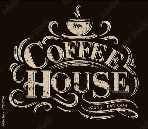 Coffee house Logo with grunge effect. Retro coffee logo. Vector illustration
