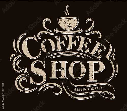 Retro Vintage Coffee Logo with Lettering. Coffee Shop Label with flourish ornaments.