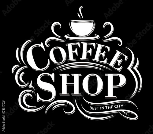 Retro Vintage Coffee Logo with Lettering. Coffee Shop Label with flourish ornaments.