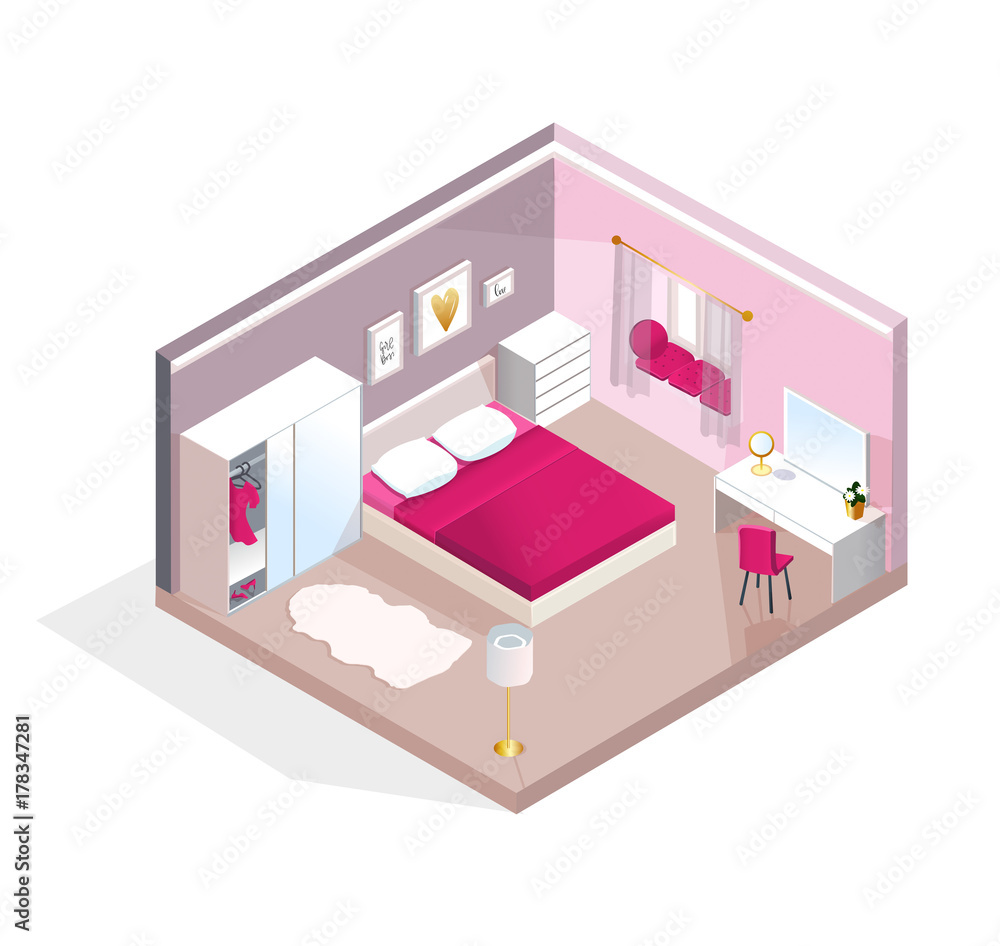 Interior isometric view for Young Women or teen girl. Modern realistic pink bedroom design. Vector illustration