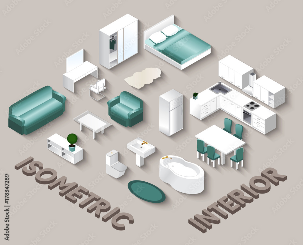 Isometric Interior view. Set of isolated domestic furniture icon ...