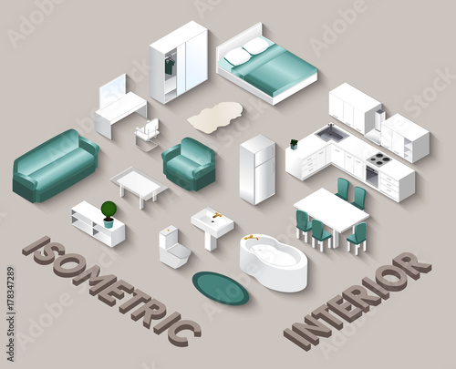 Isometric Interior view. Set of isolated domestic furniture icon. Vector illustration.
Set of isometric apartment view bedroom, kitchen, bathroom, living room. Isolated realistic interior. 