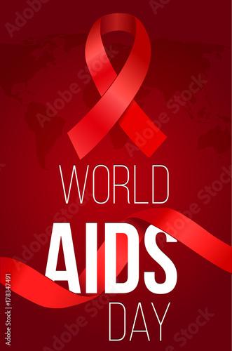 World aids day poster with map and ribbon. December 1st. Vector illustration