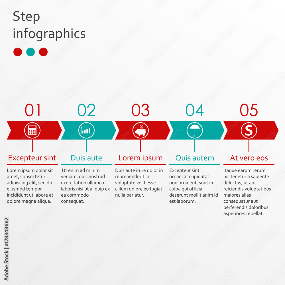 Timeline infographics template with 5 steps and arrows. Vector illustration.
