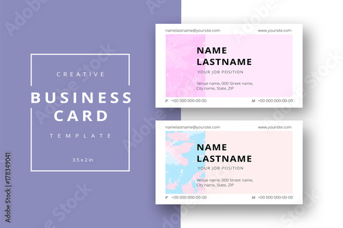 Trendy minimal abstract business card template in pink and blue. Modern corporate stationary id layout with geometric lines. Vector fashion background design with information sample name text.