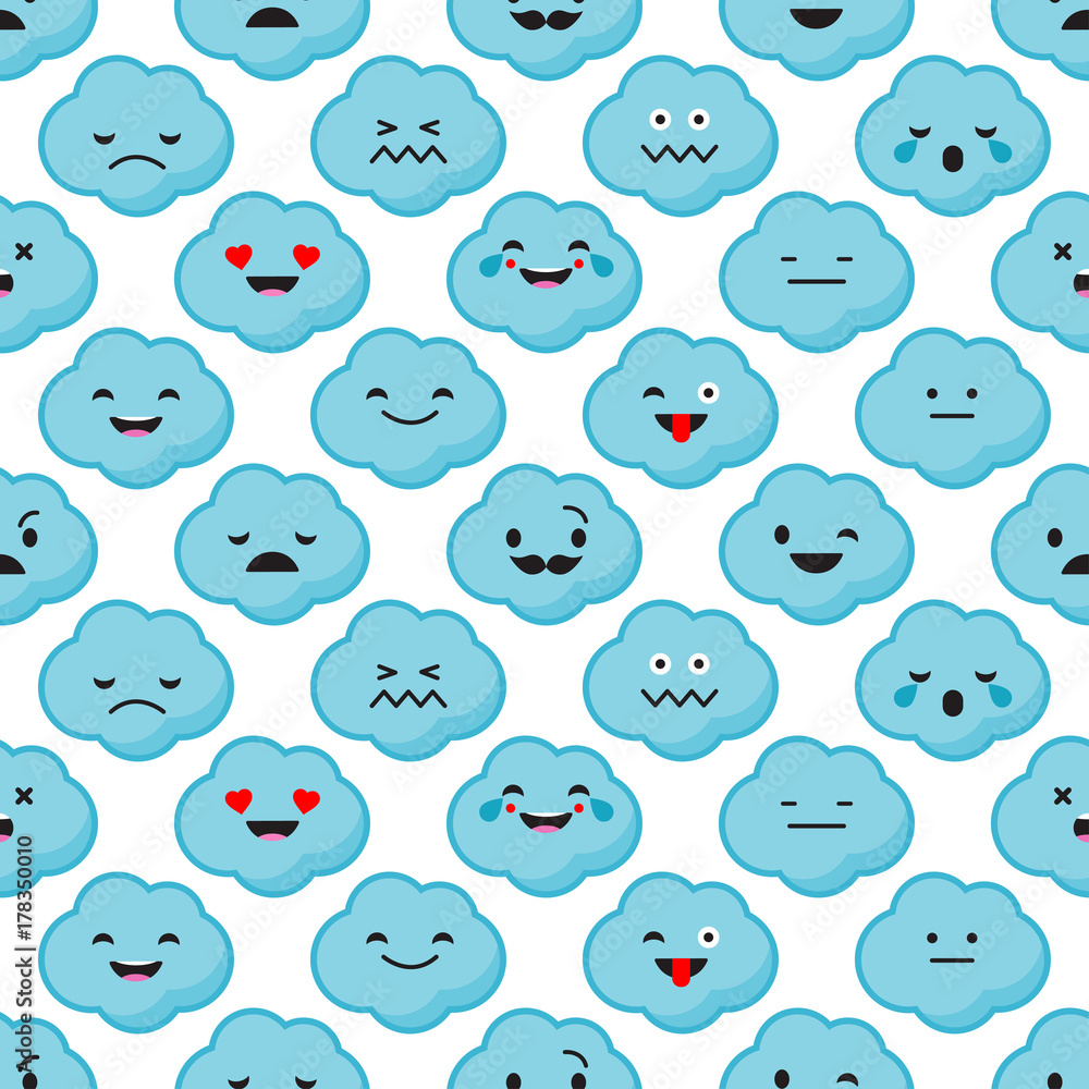 Seamless background with Clouds emotions. Cute cartoon. Vector illustration. Textile rapport.