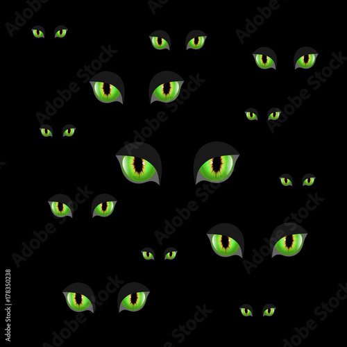 Spooky eyes halloween background.  Vector illustration of animal eyes isolated on black background.  Scary eyes for halloween composition
