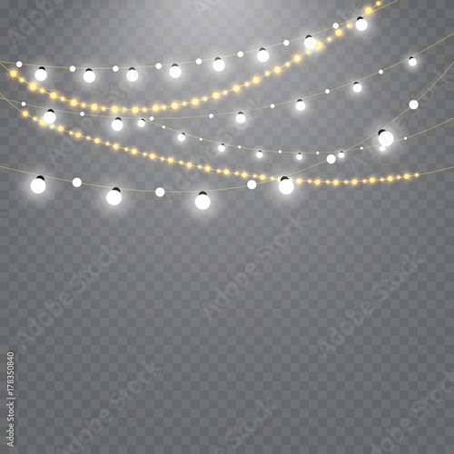Christmas lights isolated on transparent background. Set of golden xmas glowing garland. Vector illustration