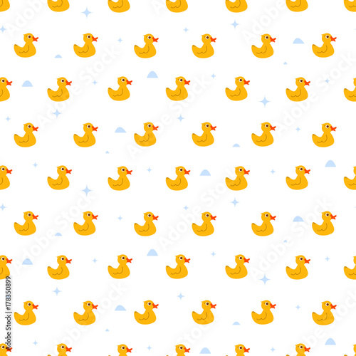Cute ducky floats on pond seamless vector pattern. Funny kid animal repeat background for fabric textile, muslin blanket and wallpaper design.