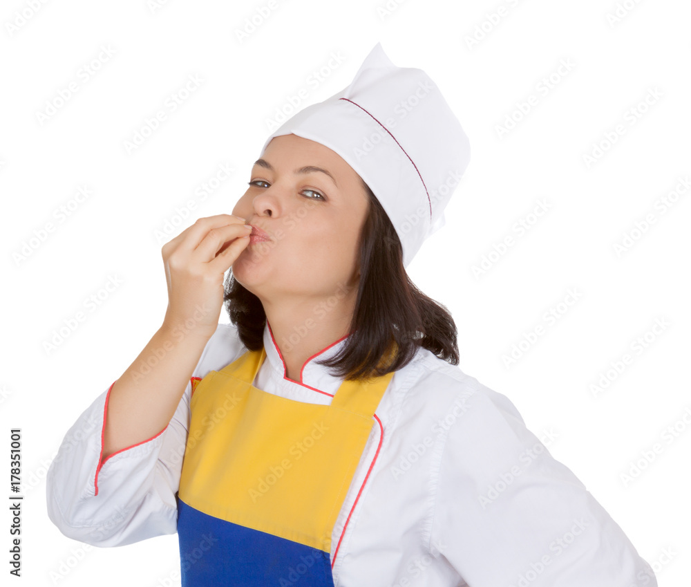 Tasty Food Concept. Beautiful Young Woman Chef Giving a Perfect Gesture with Hand by Kissing Her Fingers Tasty Food Concept. Beautiful Young Woman Chef Giving a Perfect Gesture with Hand by Kissing Her Fingers