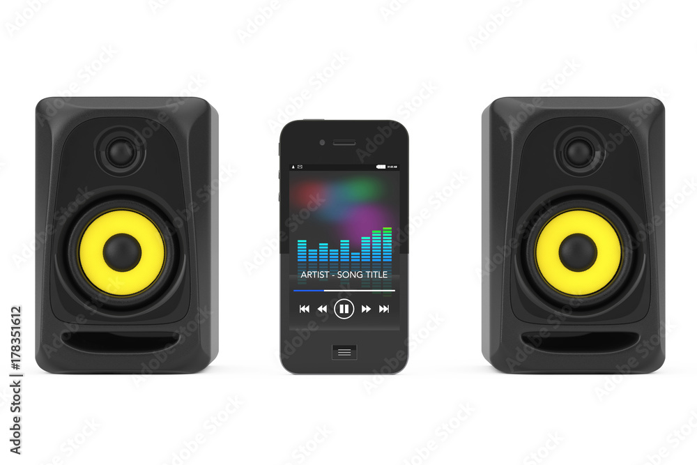 Fototapeta premium Wireless Audio Acoustic Speakers connected to Mobile Phone. 3d Rendering