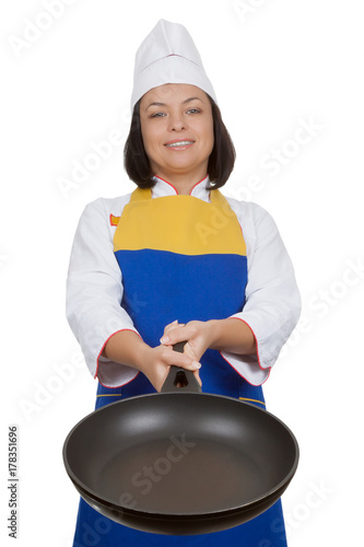 Beautiful Young Woman Chef with Frying Pan in Her Hands