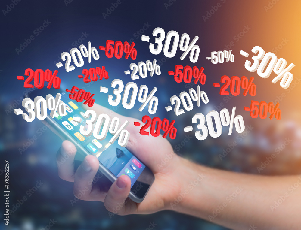 Sales promotion 20% 30% and 50% flying over an interface - Shopping concept Sales promotion 20% 30% and 50% flying over an interface - Shopping concept