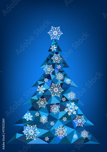 Abstract polygonal Christmas tree with snowflakes on a blue background