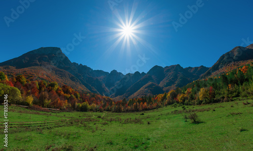 The autumn with foliage in the National Park of Abruzzo, Lazio and Molise (Italy) - An italian mountain natural reserve, with little old towns, the Barrea Lake, Camosciara, Forca d'Acero, Val Fondillo photo