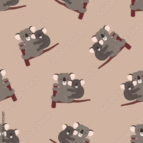 Photography Seamless pattern with adult and baby koalas sitting on tree branch on brown background