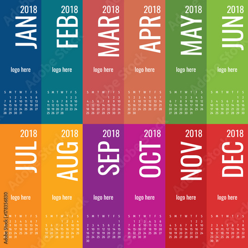Year 2018 calendar vector template. Modern 2018 calendar. Vector of Calendar 2018 year, 12 month calendar with cover. 2018 Planner - illustration. Vector template of 2018 calendar/planner