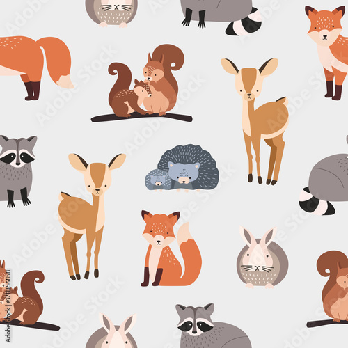 Wallpaper murals Seamless pattern with different cute cartoon forest  animals on white background - squirrel, hedgehog, fox, deer, rabbit,  raccoon. Flat vector illustration for textile print, wallpaper, wrapping  paper. 