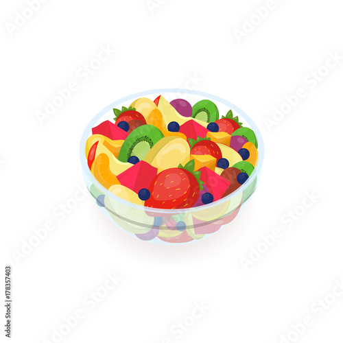 Bowl of tasty salad made of fresh exotic fruits isolated on white background....