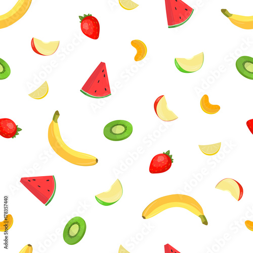 Bright colored seamless pattern with fresh delicious tropical fruits and berr...