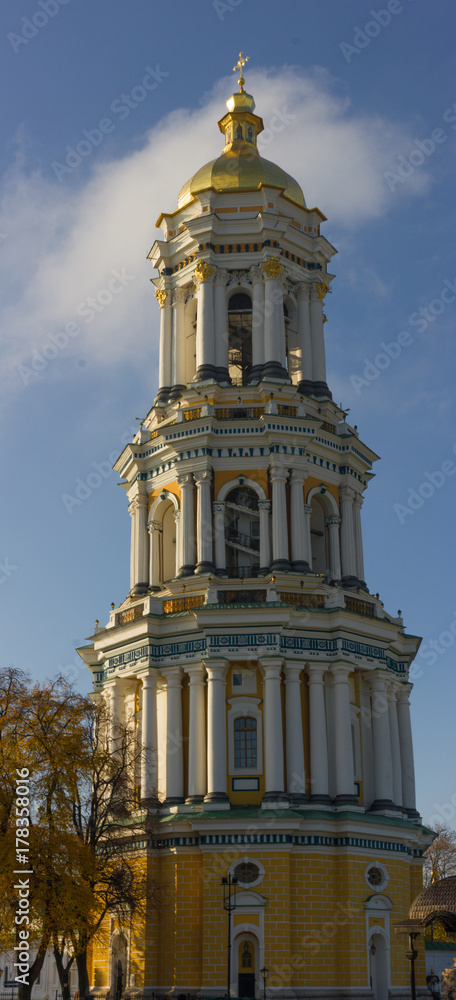 Ukrainian landmark, Lavra bell tower cathedral. Kiev historical monastery, church.