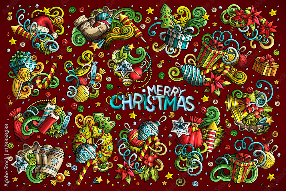 Doodle cartoon set of New Year and Christmas objects