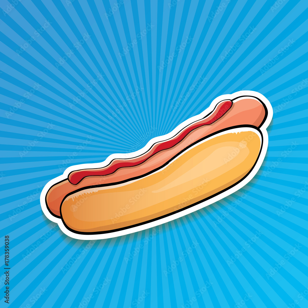 vector cartoon american hotdog sticker on blue background. Vintage hot dog poster or icon design element collection. vector cartoon american hotdog sticker on blue background. Vintage hot dog poster or icon design element collection.