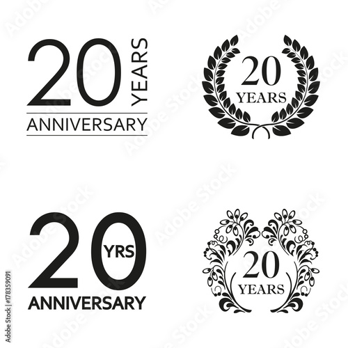 20 years anniversary set. Anniversary icon emblem or label collection. 20 years celebration and congratulation decoration element. Vector illustration.