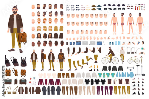 Hipster creation kit. Set of flat male cartoon character body parts, skin types, facial gestures, hairstyles, trendy clothing, stylish accessories isolated on white background. Vector illustration.